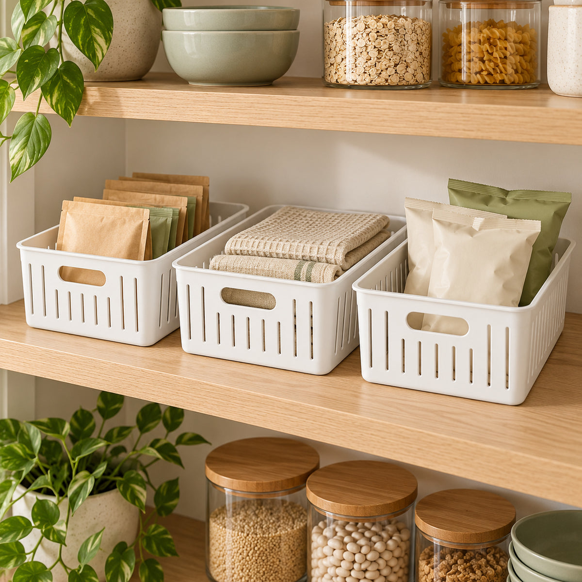Handled Storage Baskets - White, Set of 3