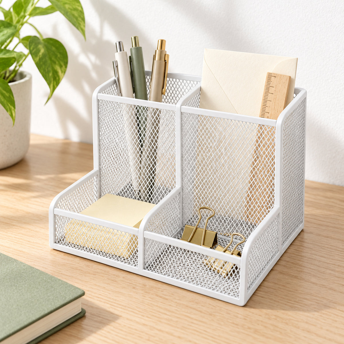 Four-Compartment Mesh Desktop Organizer - White