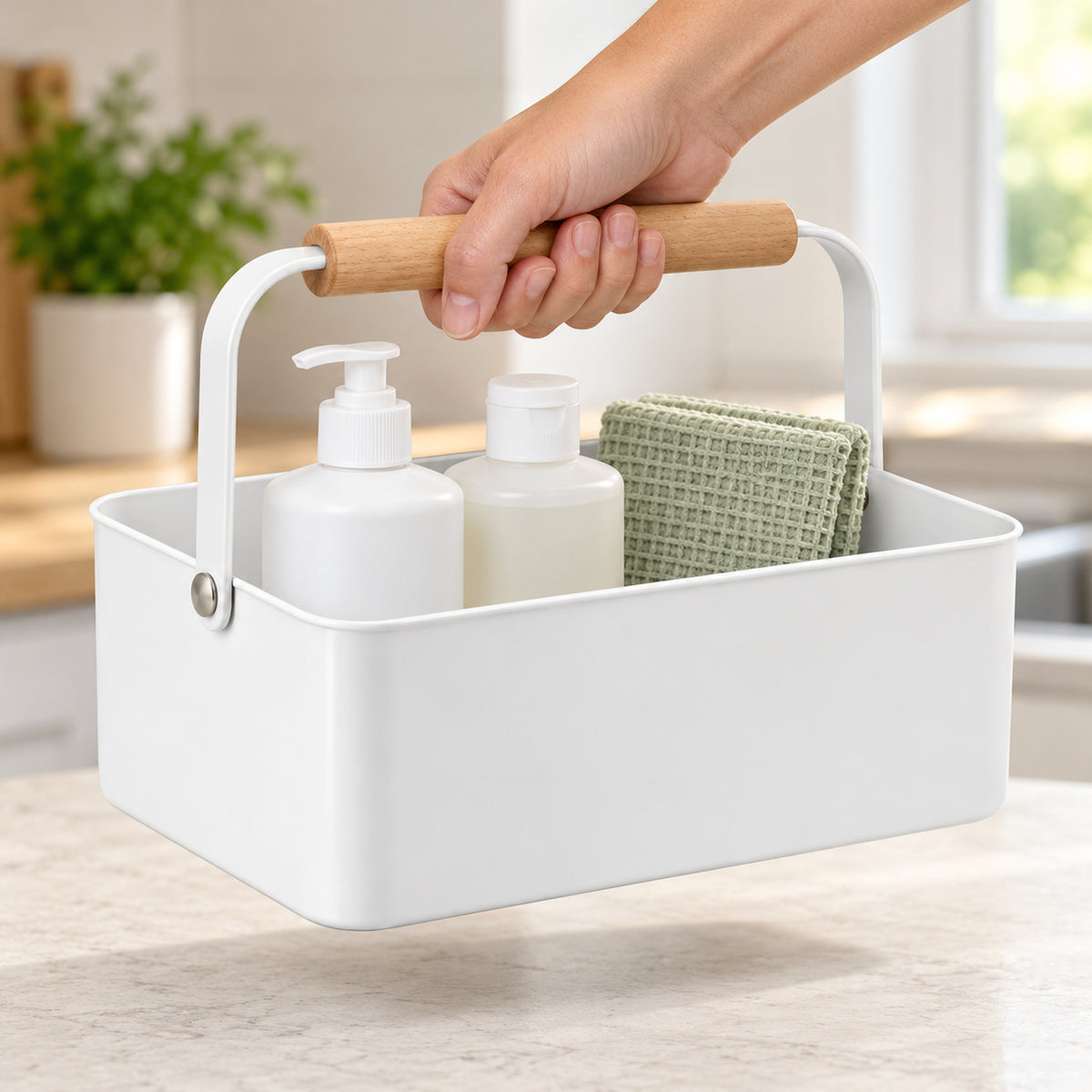 Cleaning Supply Caddy with Wood Handle - White