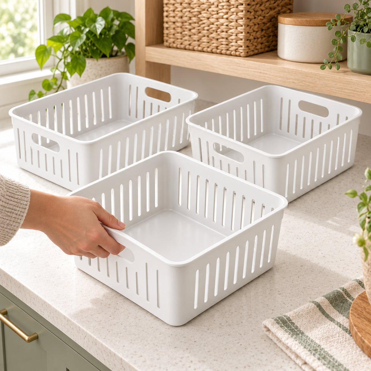 Handled Storage Baskets - White, Set of 3