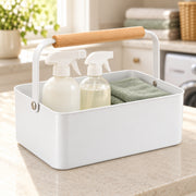 Cleaning Supply Caddy with Wood Handle - White