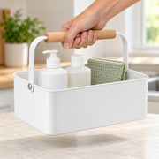 Cleaning Supply Caddy with Wood Handle - White